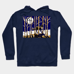 Fox in Moonlit Forest Linocut in blue and gold Hoodie